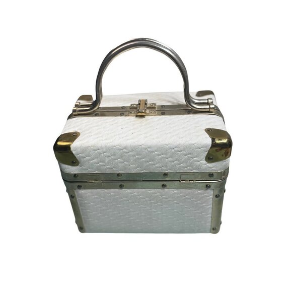 Vintage White Hard Shell Handbag Metal Accents & Top Handle - Retro Look- LT3287 - Picture 3 of 6